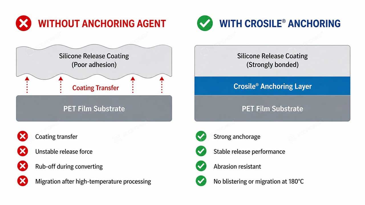 Diagram showing silicone release coating adhesion failure vs. proper anchoring on PET substrate